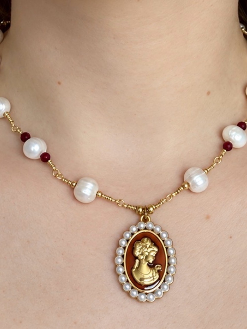 Gold Cameo Pendant Pearl Necklace with Burgundy Accents